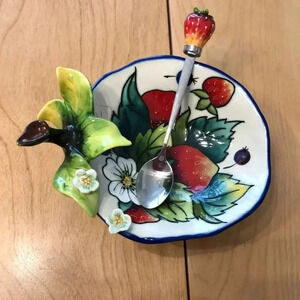 J McCall strawberry footed floral & strawberry dish and spoon with strawberry.